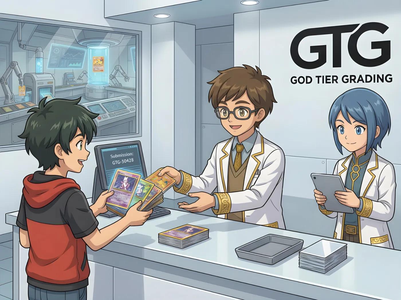 Two collectors reviewing trading cards at a God Tier Grading event